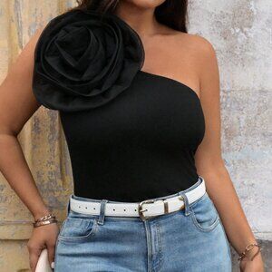 Celure Plus Size 1XL Women's Black 3D Flower Embellished Off-Shoulder Tank Top